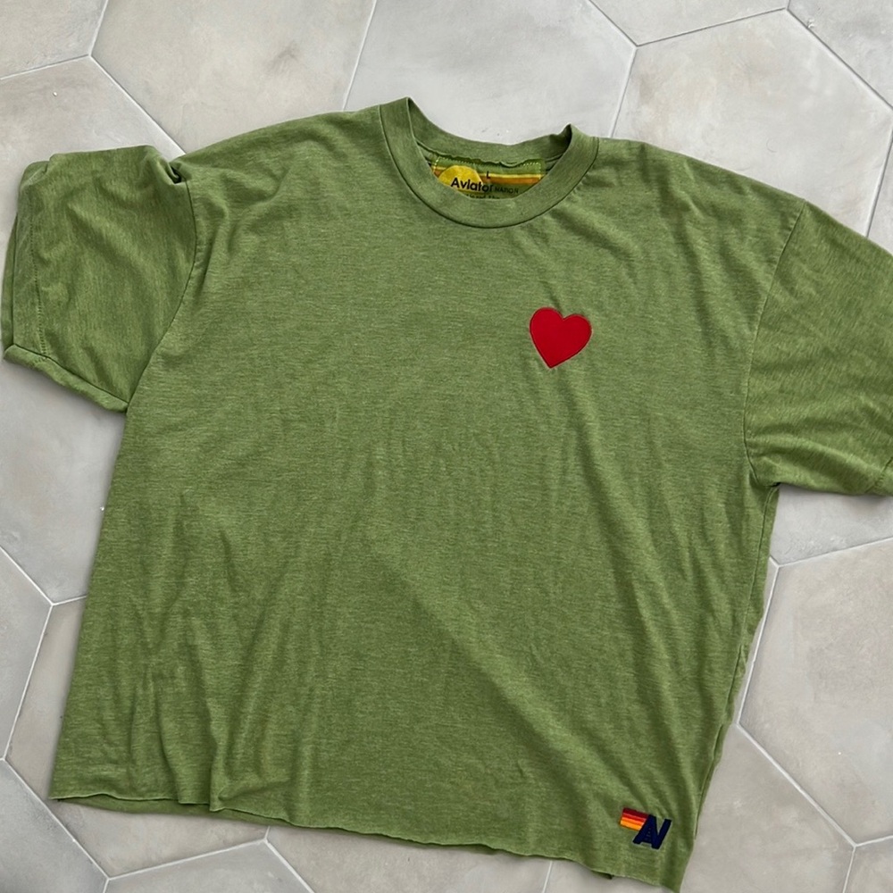 AVIATOR NATION GREEN BOYFRIEND TEE WITH RED HEART EMBROIDERY